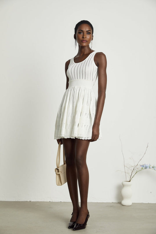 Noémie White Sleeveless Mini Dress U-neck Cutout Pleated Texture Viscose Polyamide Elastane Flared Skirt