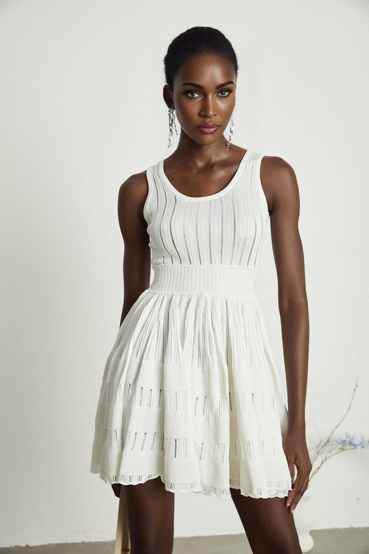 Noémie White Sleeveless Mini Dress U-neck Pleated Texture Viscose Polyamide Elastane Flared Skirt