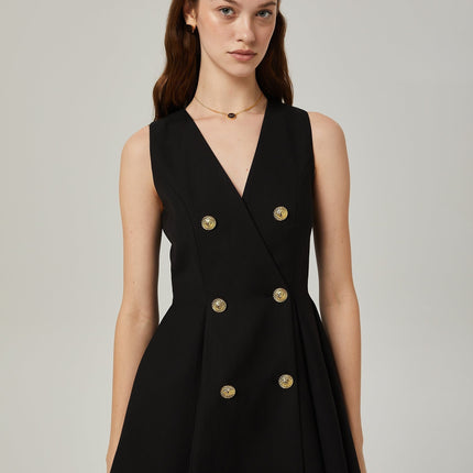 Nora Black Mini Dress with Gold-tone Hardware and Pleat Detailing