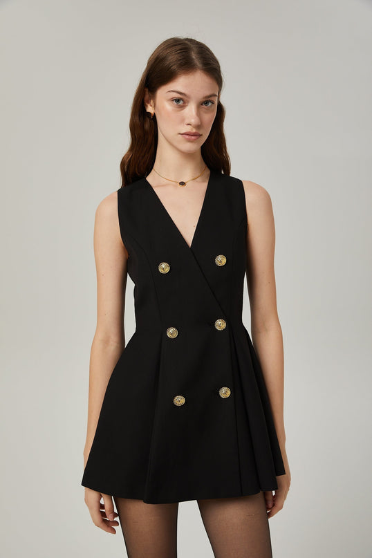 Nora Black Mini Dress with Gold-tone Hardware and Pleat Detailing