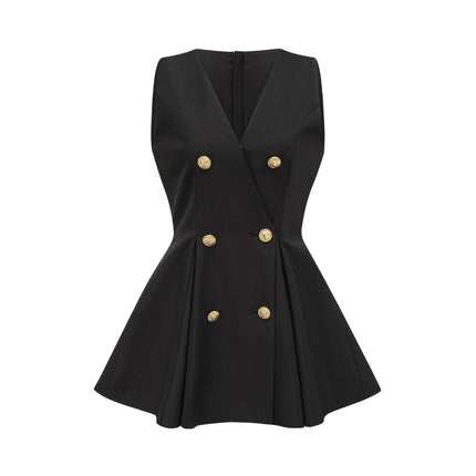 Nora Black Mini Dress with Gold-tone Hardware and Flared Pleat Detailing