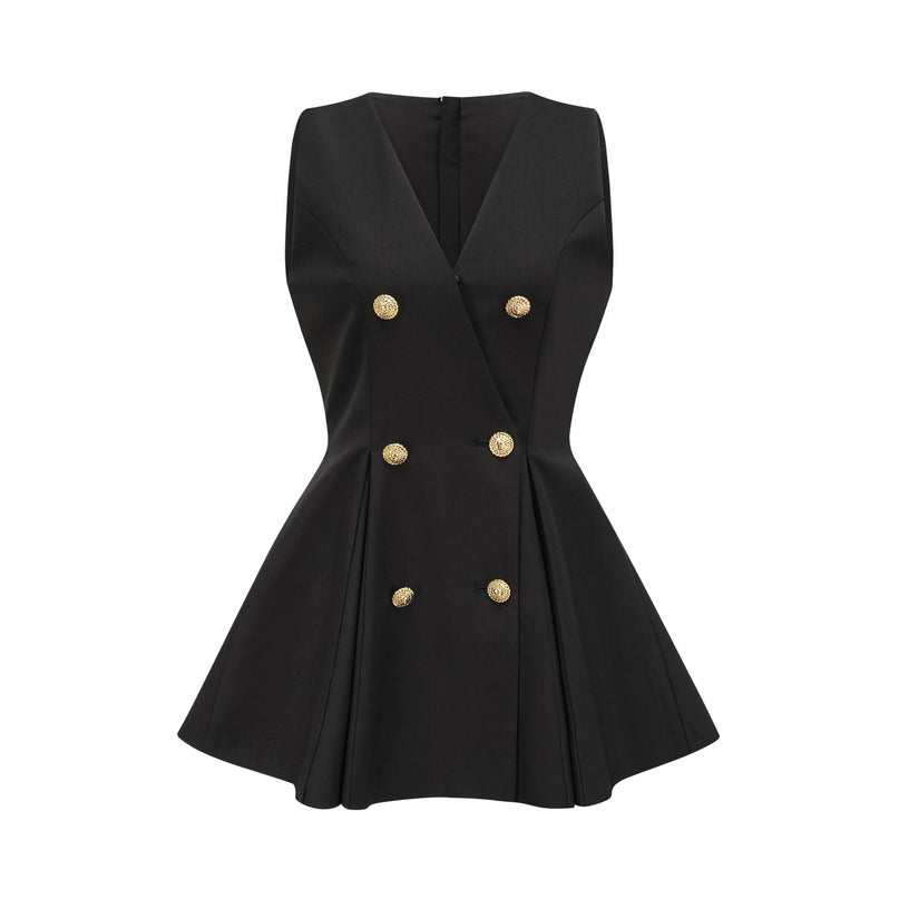 Nora Black Mini Dress with Gold-tone Hardware and Flared Pleat Detailing