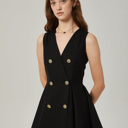 Nora Black Mini Dress with Gold-Tone Hardware and Pleat Detailing