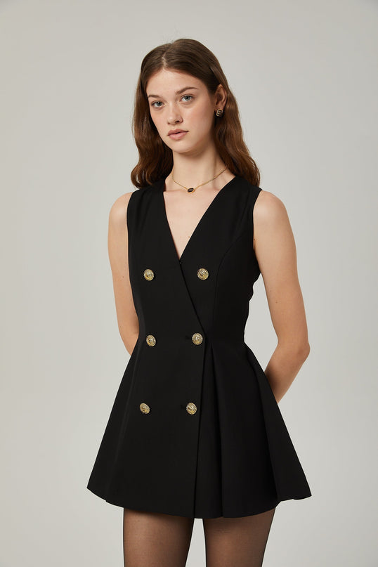 Nora Black Mini Dress with Gold-Tone Hardware and Pleat Detailing