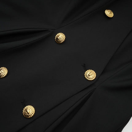 Nora Black Sleeveless Crossover Mini Dress with Gold-Tone Hardware and Flared Pleat Detailing