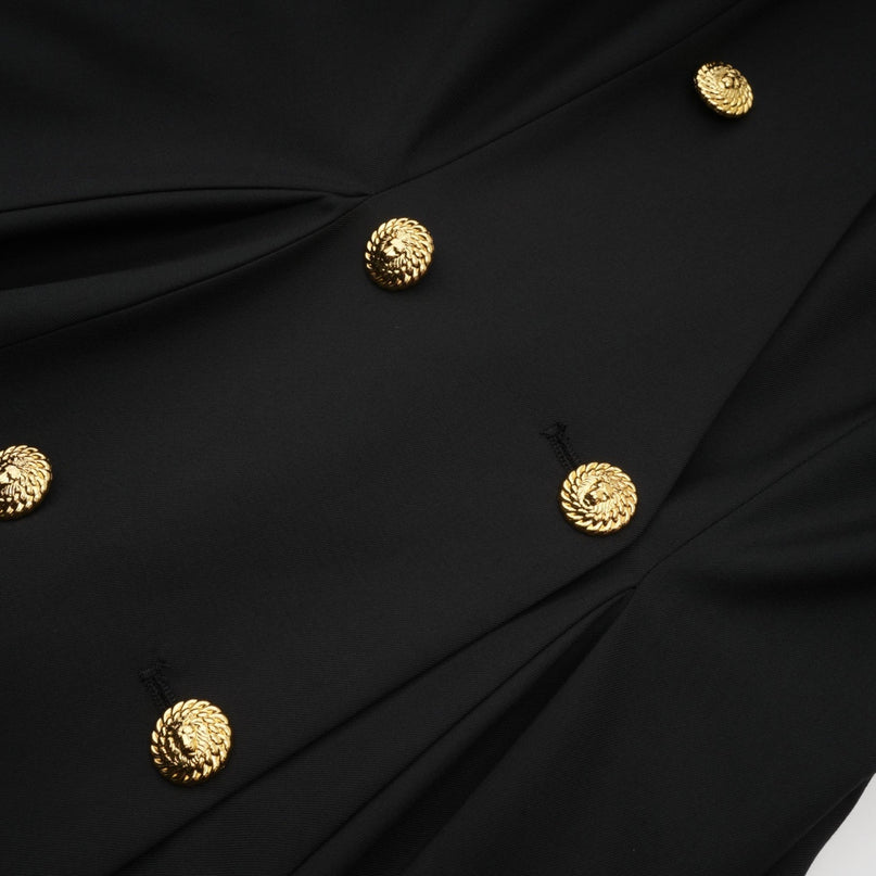 Nora Black Sleeveless Crossover Mini Dress with Gold-Tone Hardware and Flared Pleat Detailing