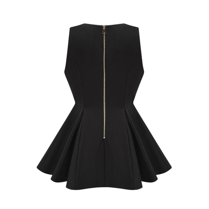 Nora Black Mini Dress Sleeveless Crossover Flared Pleat Detailing Gold Hardware Double-Breasted Button Fastening Rear Zip Closure Thigh Length 100% Terylene