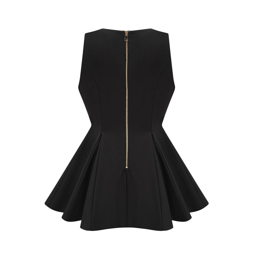 Nora Black Mini Dress Sleeveless Crossover Flared Pleat Detailing Gold Hardware Double-Breasted Button Fastening Rear Zip Closure Thigh Length 100% Terylene
