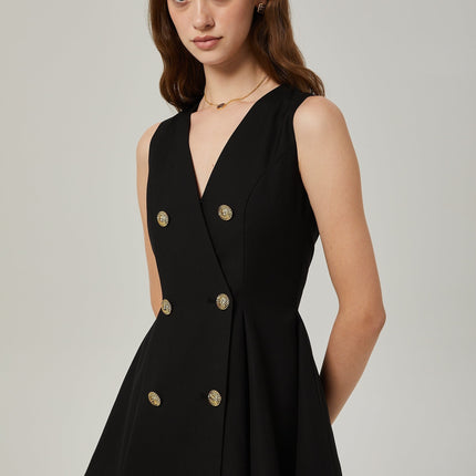 Nora Black Sleeveless Crossover Pleated Mini Dress with Gold-Tone Hardware