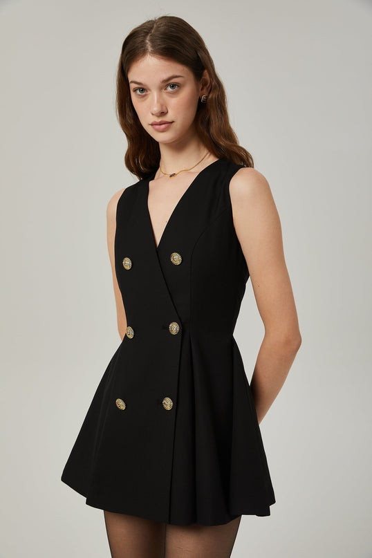 Nora Black Sleeveless Crossover Pleated Mini Dress with Gold-Tone Hardware