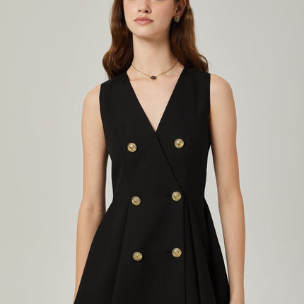 Nora Black Sleeveless Flared Pleat Mini Dress with Gold-Tone Hardware