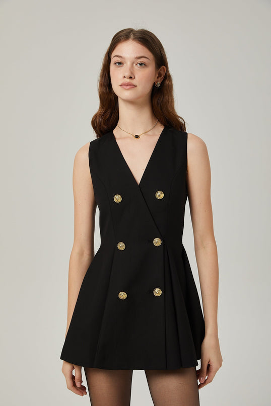 Nora Black Sleeveless Flared Pleat Mini Dress with Gold-Tone Hardware