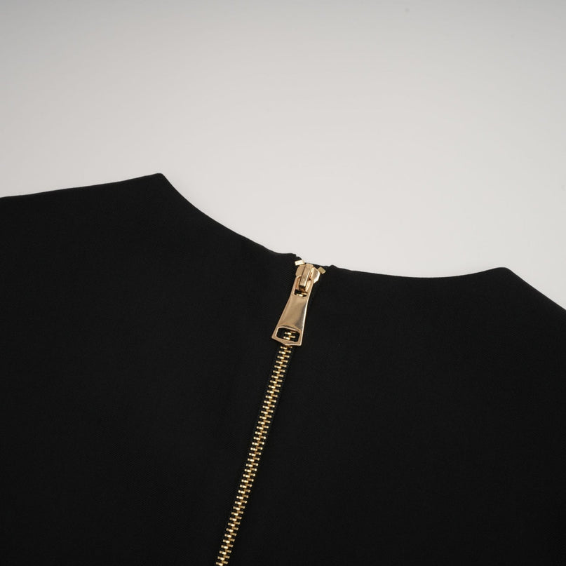Nora Black Sleeveless Flared Pleat Mini Dress with Gold-Tone Hardware