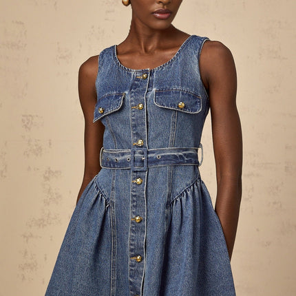 Nora Denim Mini Dress | Scoop Neck | Sleeveless