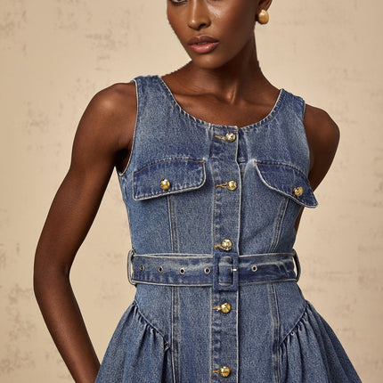 Nora Blue Mini Dress Scoop Neck Sleeveless Wide Strap Belted Waist Embossed Gold Buttons Puff Skirt Faux Pocket Front Button Thigh Length