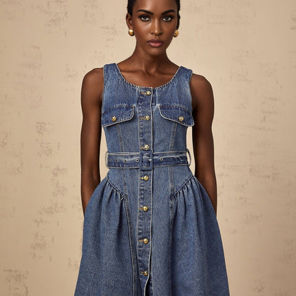Nora Blue Mini Dress Scoop Neck Sleeveless Wide Straps Embossed Gold Buttons Puff Skirt Faux Pocket Front Button Fastening Thigh Length