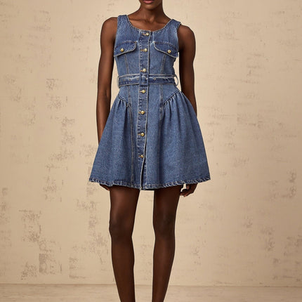 Nora Blue Mini Dress Scoop Neck Sleeveless Wide Straps Belted Waist Embossed Gold-Tone Buttons Puff Skirt Faux Pocket Detailing Front Button Fastening Thigh-Length