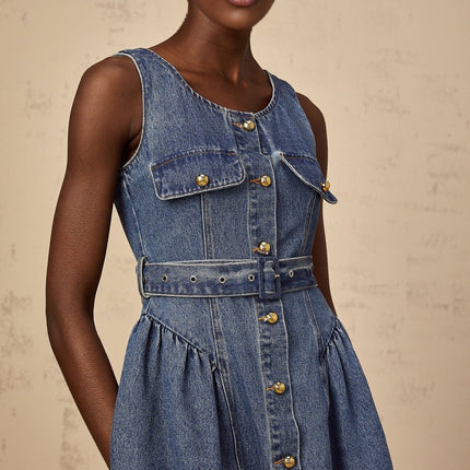 Nora Blue Mini Dress Scoop Neck Sleeveless Wide Straps Belted Waist Embossed Gold-Tone Buttons Puff Skirt Faux Pocket Detailing Front Button Fastening Thigh-Length