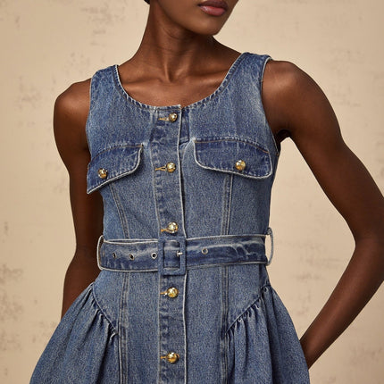 Nora Blue Mini Dress Scoop Neck Sleeveless Wide Straps Belted Waist Puff Skirt Faux Pocket Detailing Embossed Gold-tone Buttons Front Button Fastening Thigh-length Women's Dress