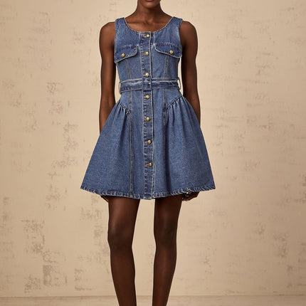 Nora Blue Mini Dress Cotton Terylene Sleeveless Scoop Neck Belted Waist Embossed Gold-Tone Buttons Puff Skirt Faux Pocket Front Button Fastening Thigh-Length