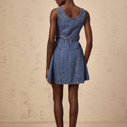 Nora Blue Mini Dress Scoop Neck Sleeveless Wide Straps Belted Waist Embossed Gold Buttons Puff Skirt Faux Pocket Front Button Fastening Thigh Length
