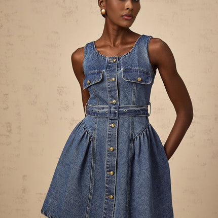 Nora Blue Mini Dress Scoop Neck Sleeveless Wide Straps Embossed Gold Buttons Puff Skirt Faux Pocket Front Button Fastening Thigh Length