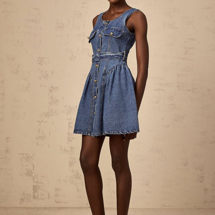 Nora Blue Mini Dress Scoop Neck Sleeveless Wide Straps Belted Waist Embossed Gold Buttons Puff Skirt Faux Pocket Front Button Fastening Thigh Length