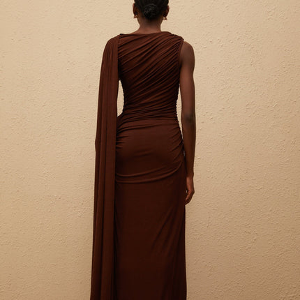 Nora Brown Maxi Dress with Ruched Detailing and Ribbon Design