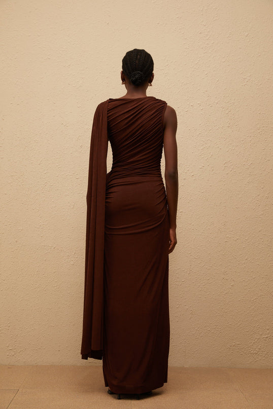 Nora Brown Maxi Dress with Ruched Detailing and Ribbon Design