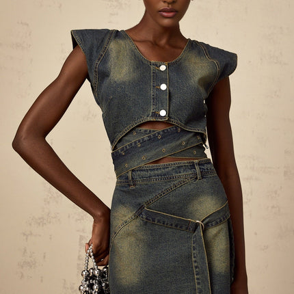 Nora Dark Blue Denim Skirt Top Set