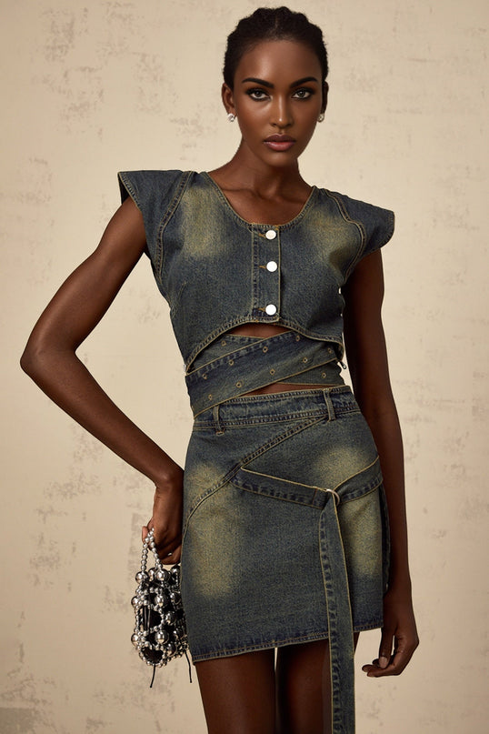 Nora Dark Blue Denim Skirt Top Set