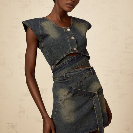 Nora Dark Blue Denim Skirt Top Set