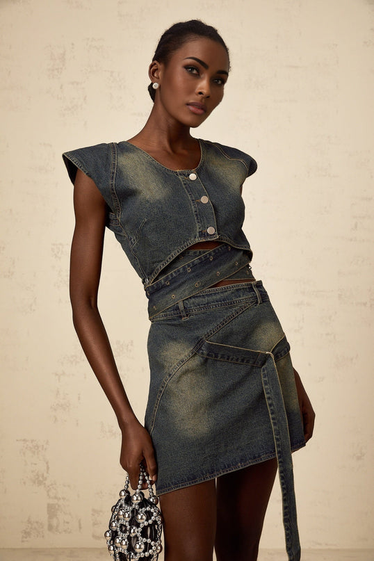 Nora Dark Blue Denim Skirt Top Set