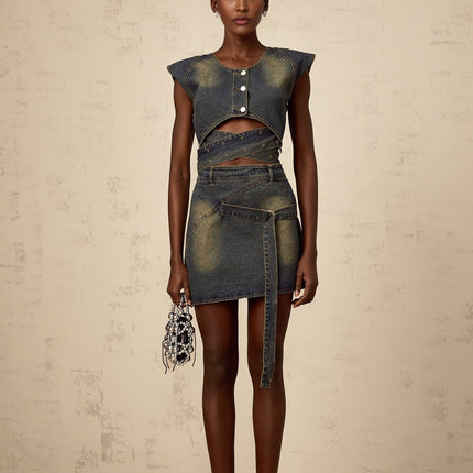 Nora Dark Blue Denim Skirt Top Set