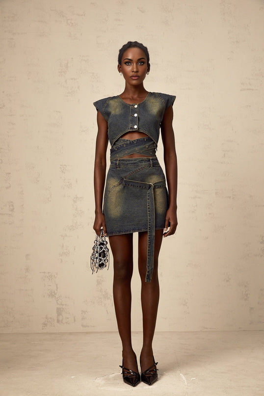 Nora Dark Blue Denim Skirt Top Set