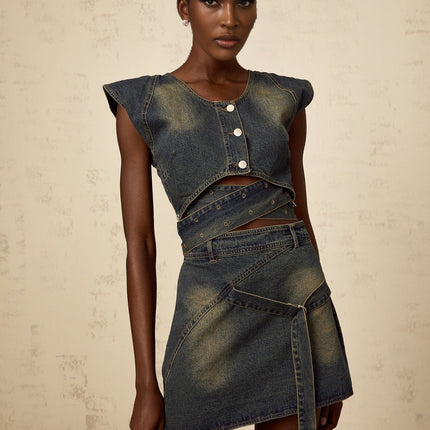 Nora Dark Blue Denim Skirt Top Set