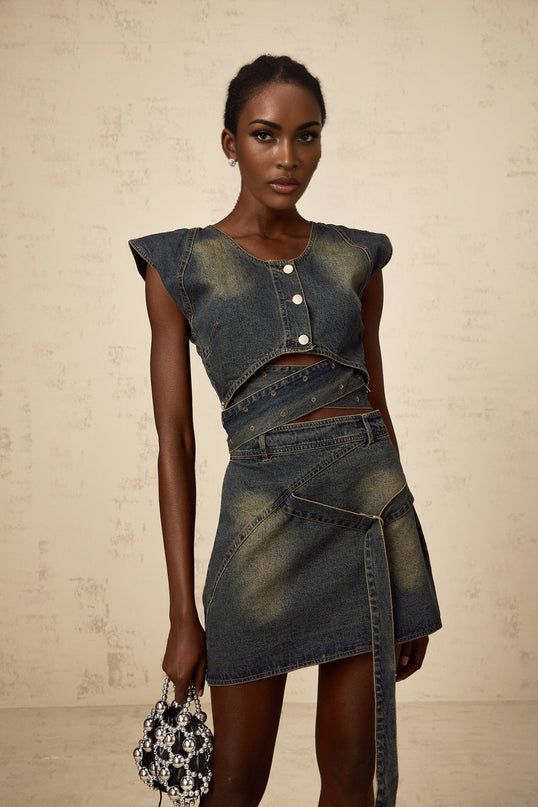 Nora Dark Blue Denim Skirt Top Set