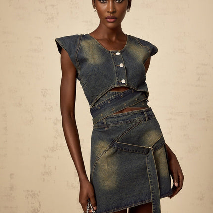 Nora Dark Blue Denim Skirt Top Set