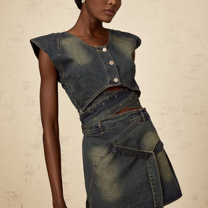 Nora Dark Blue Denim Skirt Top Set