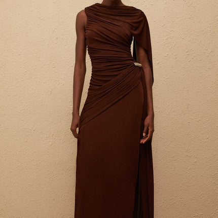 Nora Maxi Dress in Brown Sleeveless Bateau Neck Knitted Construction Ruched Detailing Ribbon Design Silver-tone Hardware Side Zip Fastening Maxi Length