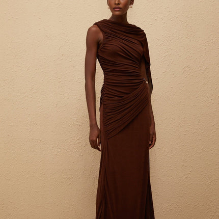 Nora Maxi Dress in Brown with Bateau Neck and Ruched Detailing