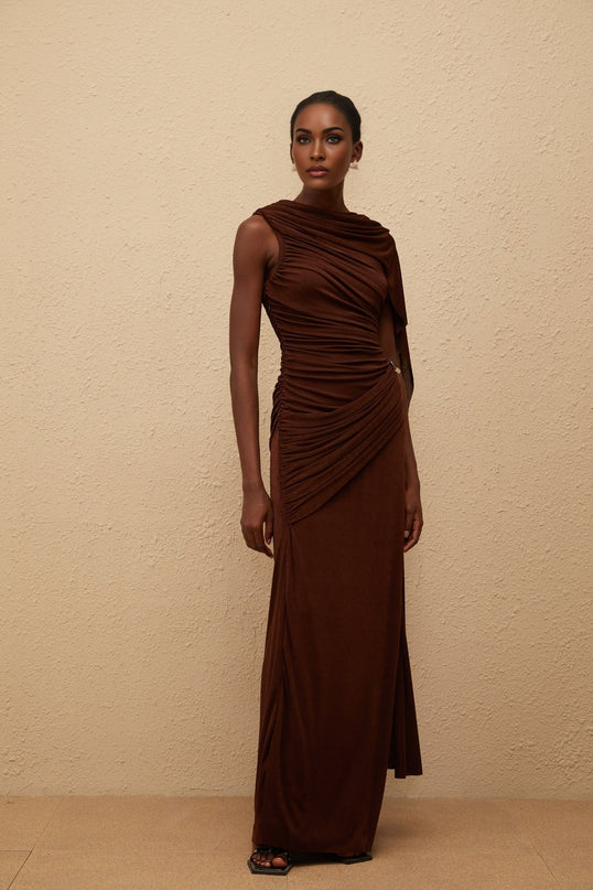 Nora Maxi Dress in Brown with Bateau Neck and Ruched Detailing
