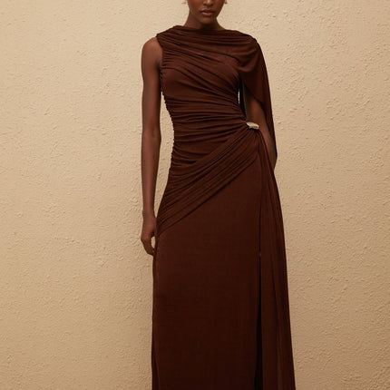 Nora Maxi Dress Brown Sleeveless Bateau Neck Fitted Waistline Knitted Asymmetrical Ruched Ribbon Design Silver-tone Hardware Side Zip Fastening Graceful Maxi Length