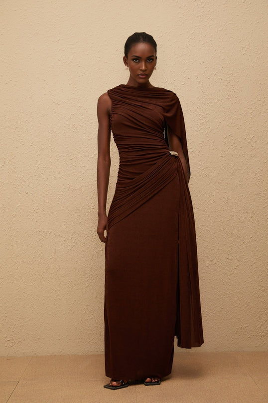 Nora Maxi Dress Brown Sleeveless Bateau Neck Fitted Waistline Knitted Asymmetrical Ruched Ribbon Design Silver-tone Hardware Side Zip Fastening Graceful Maxi Length