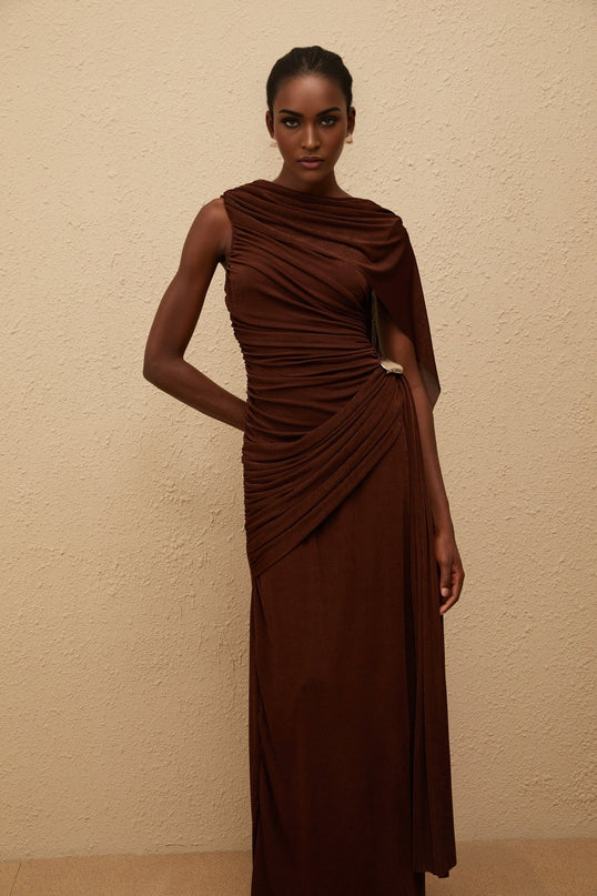 Nora Maxi Dress in Brown Sleeveless Bateau Neck Fitted Waistline Knitted Ruched Detailing Ribbon Design Silver-tone Hardware Side Zip Fastening Maxi Length