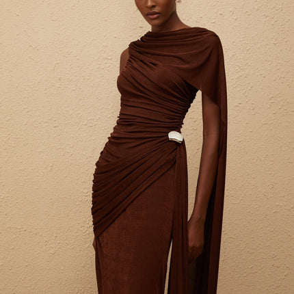 Nora Maxi Dress in Brown Sleeveless Bateau Neck Knitted Construction Ruched Detailing Ribbon Design Silver-tone Hardware Side Zip Fastening Maxi Length
