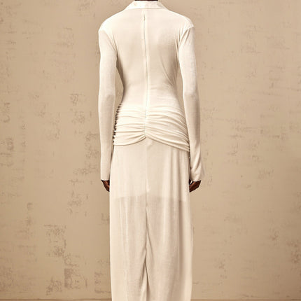 Nora White Stretch Knit Maxi Dress with Ruched Detailing and Flared Cuffs