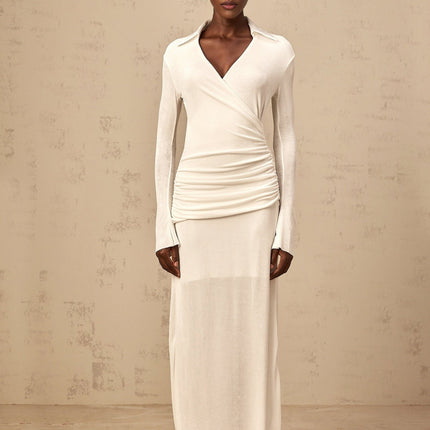 Nora White Maxi Dress with Ruched Detailing and Flared Cuffs