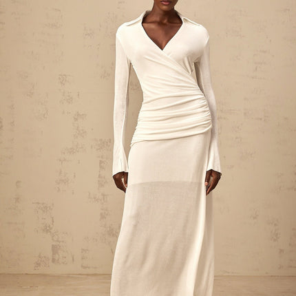 Nora White Maxi Dress with Ruched Detailing and Flared Cuffs