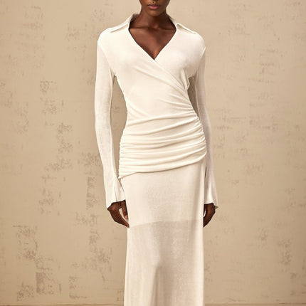 Nora White Maxi Dress with Ruched Detailing and Flared Cuffs